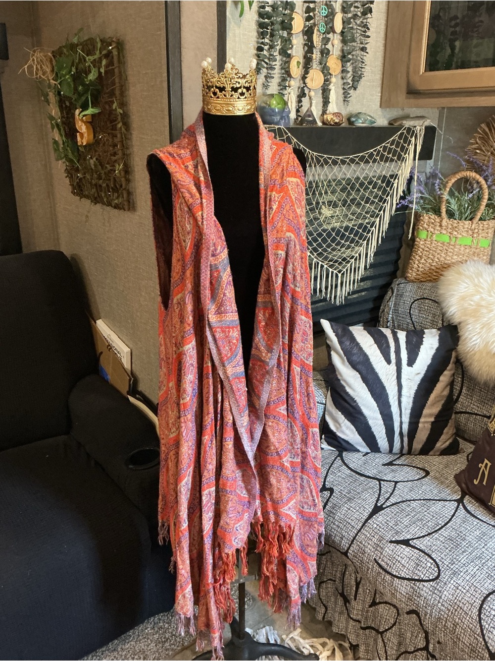 Soft Surroundings Orange Red Paisley Fringe Open Cardigan Wrap